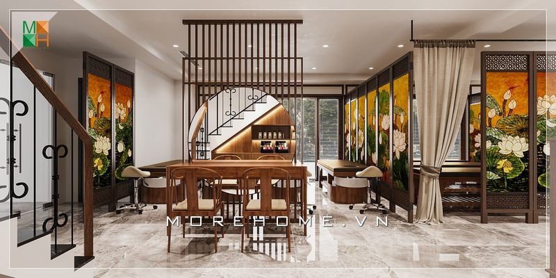 Bố trí nội thất spa đầy khoa học và hợp lí, tone màu nâu trầm chủ đạo mang đến không gian đầy thoải mái và thư giãn